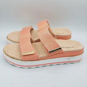 Vionic Brandie Sandals Womens 11 Papaya Met Linen Platform Slide Double Strap